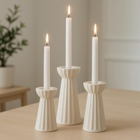 Set of 3 Ceramic Taper Candle Holder Cream White, Matte Fluted
