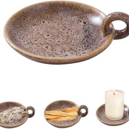 1pack Vintage Ceramic Candle Holders with Handle, Round Farmhouse Ceramic Plate Tray,Sage Holder for Burning,Incense Holder for Meditation Room Home Decor (Khaki)