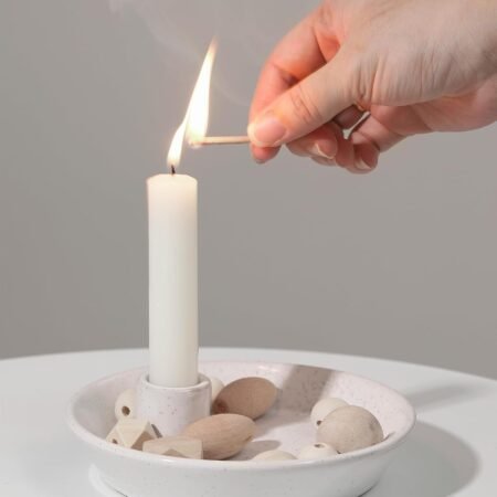 White Ceramic Candle Holders, Modern Candlestick Holder with Tray, Boho Candle Holder, Unique Round Stoneware Candle Holder for Taper Candles, Halloween Christmas Fall Decor