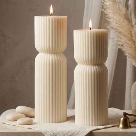 Aesthetic Sandalwood Scented Candles,Ribbed Pillar Candle Set of 2 (7.87" & 9.05" Tall), Natural Soy Wax Minimalist Geometric Decor, Modern Fluted Sculptural Candles for Home,Shelf, Mantel & Gift