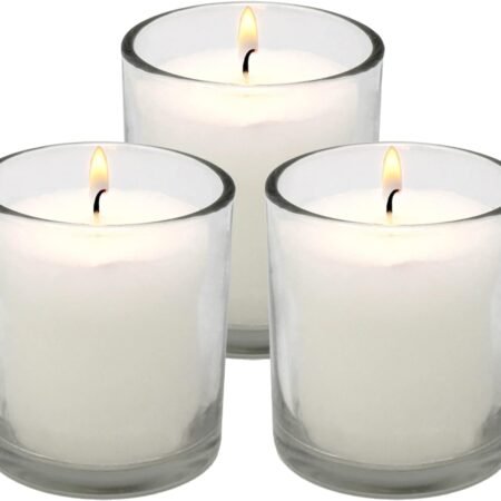 White Votive Candles in Glass Jar - 3 Pk Long Burning 24 Hour Smokeless Unscented Votives - Wedding Dinner Party Relaxing Candles