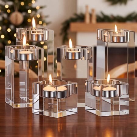 6 Pcs Crystal Tea Light Candle Holders Glass Votive Candle Stands Square Candlestick Holders for Wedding Dining Living Room Centerpiece Decorations