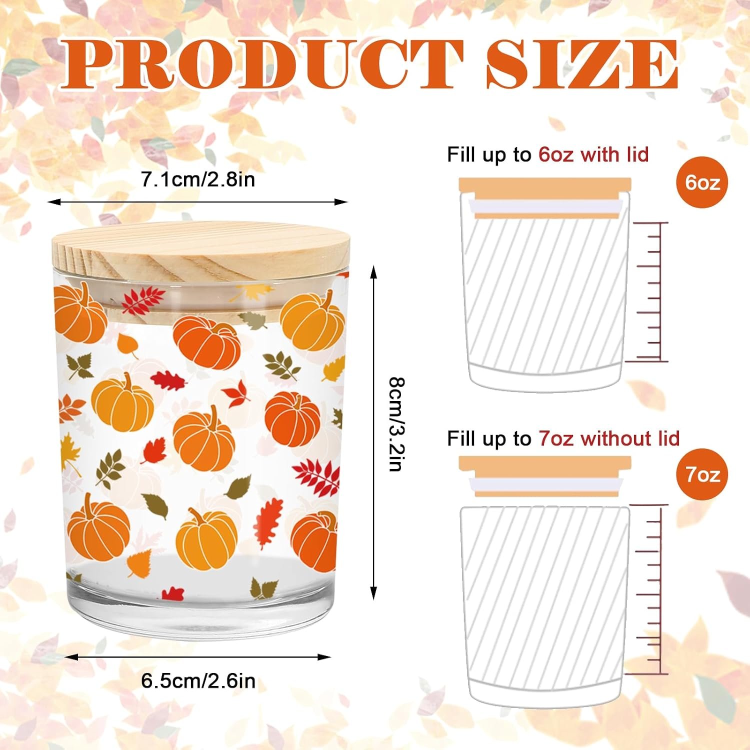 7 Oz Fall Glass Candle Jar with Lid, Pumpkin Maple Leaves - Image 2
