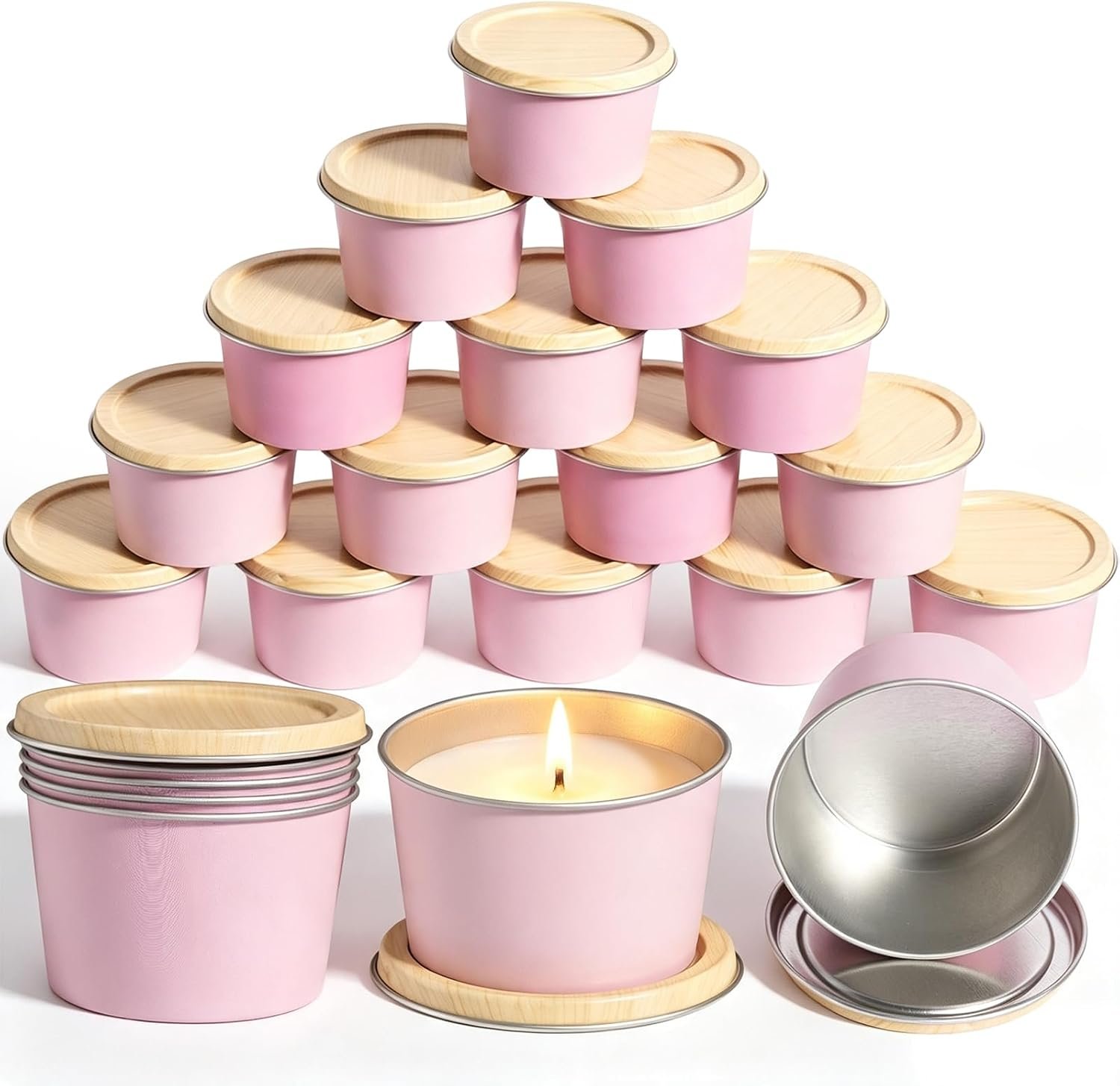 12 Pack Candle Tins, 2.5 OZ Pink Jars with Metal Wood-Grain Lids