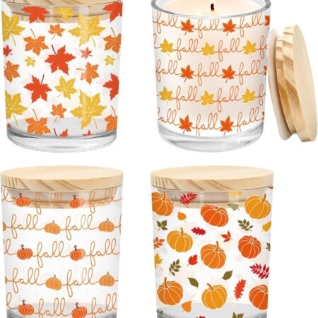 7 Oz Fall Glass Candle Jar with Lid, Pumpkin Maple Leaves