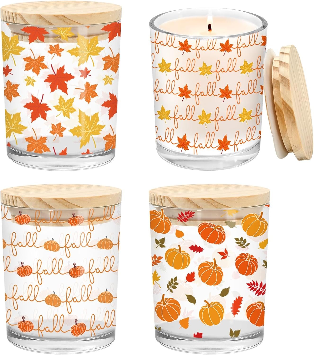 7 Oz Fall Glass Candle Jar with Lid, Pumpkin Maple Leaves