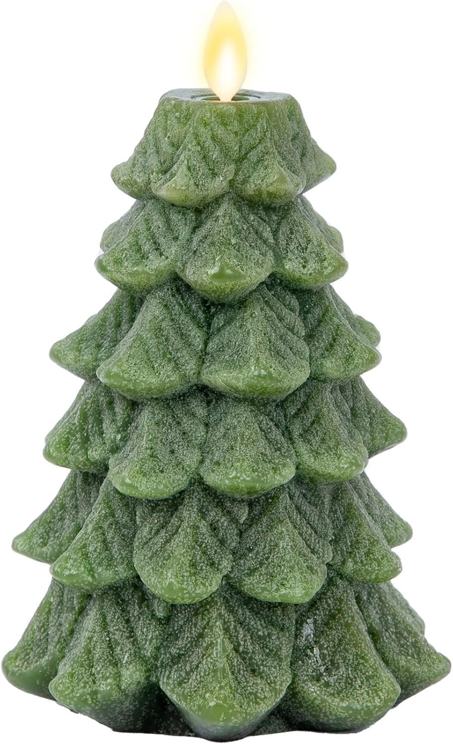 Flameless LED Candle - Christmas Tree Design with Glitter, Snow Finish, Battery-Operated, Flickering Flame, Timer & Remote - 4.7 x 6.5 - Green - Image 2