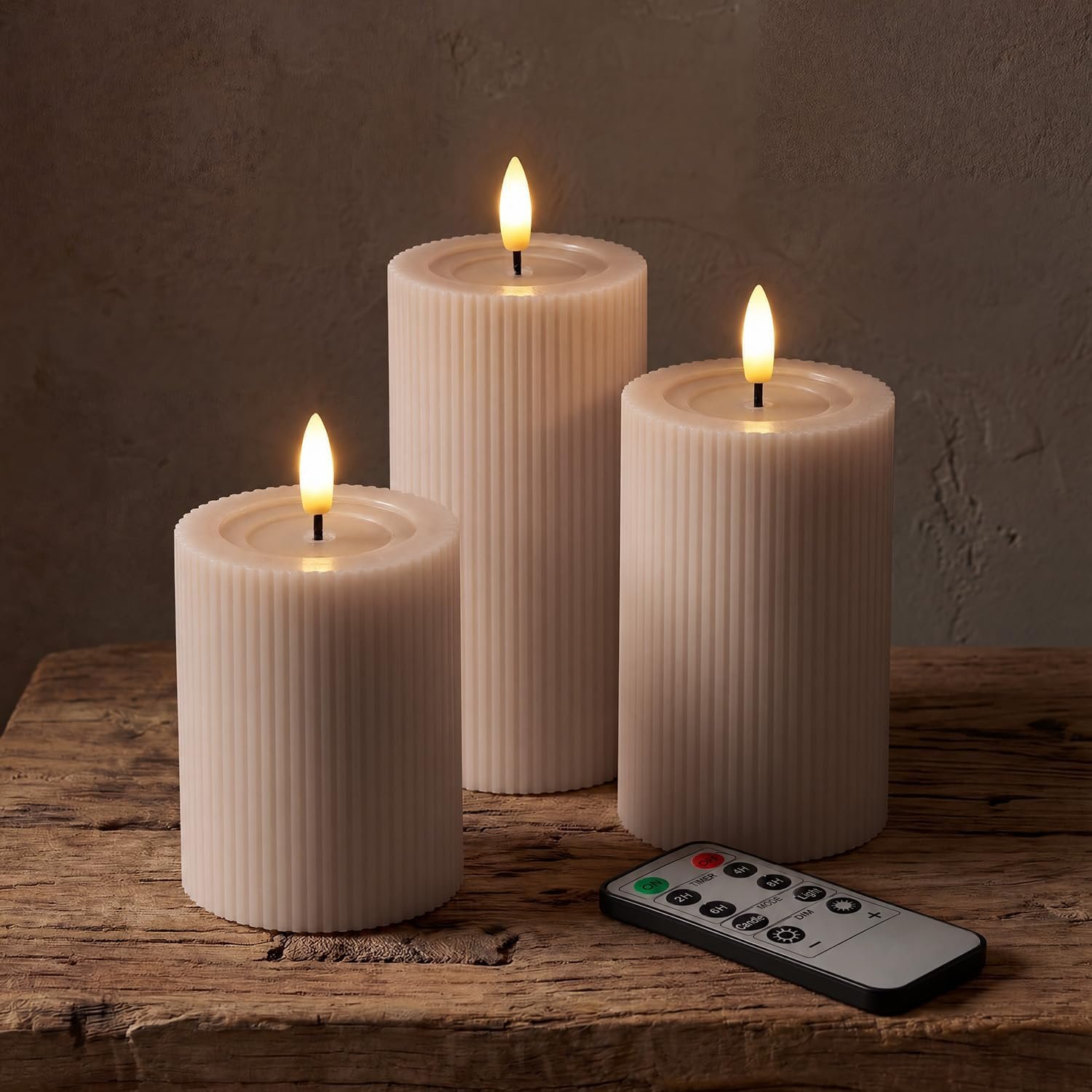 Fluted Ribbed LED Pillar Candles, Blush Beige, with Reflective Melted-Wax Effect – Flickering Flame, Remote, Dimmable, Flameless, Battery Operated, Home & Wedding Decor (Set of 3) - Image 2