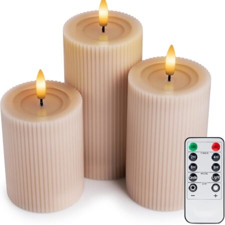 Fluted Ribbed LED Pillar Candles, Blush Beige, with Reflective Melted-Wax Effect – Flickering Flame, Remote, Dimmable, Flameless, Battery Operated, Home & Wedding Decor (Set of 3)