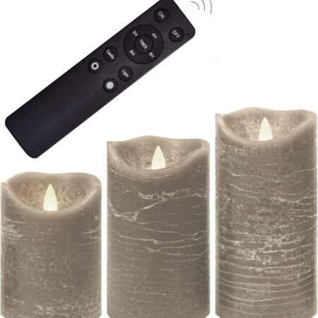 Gray Real Wax Battery Operated Flameless Candles with Remote Timer 3 Pack
