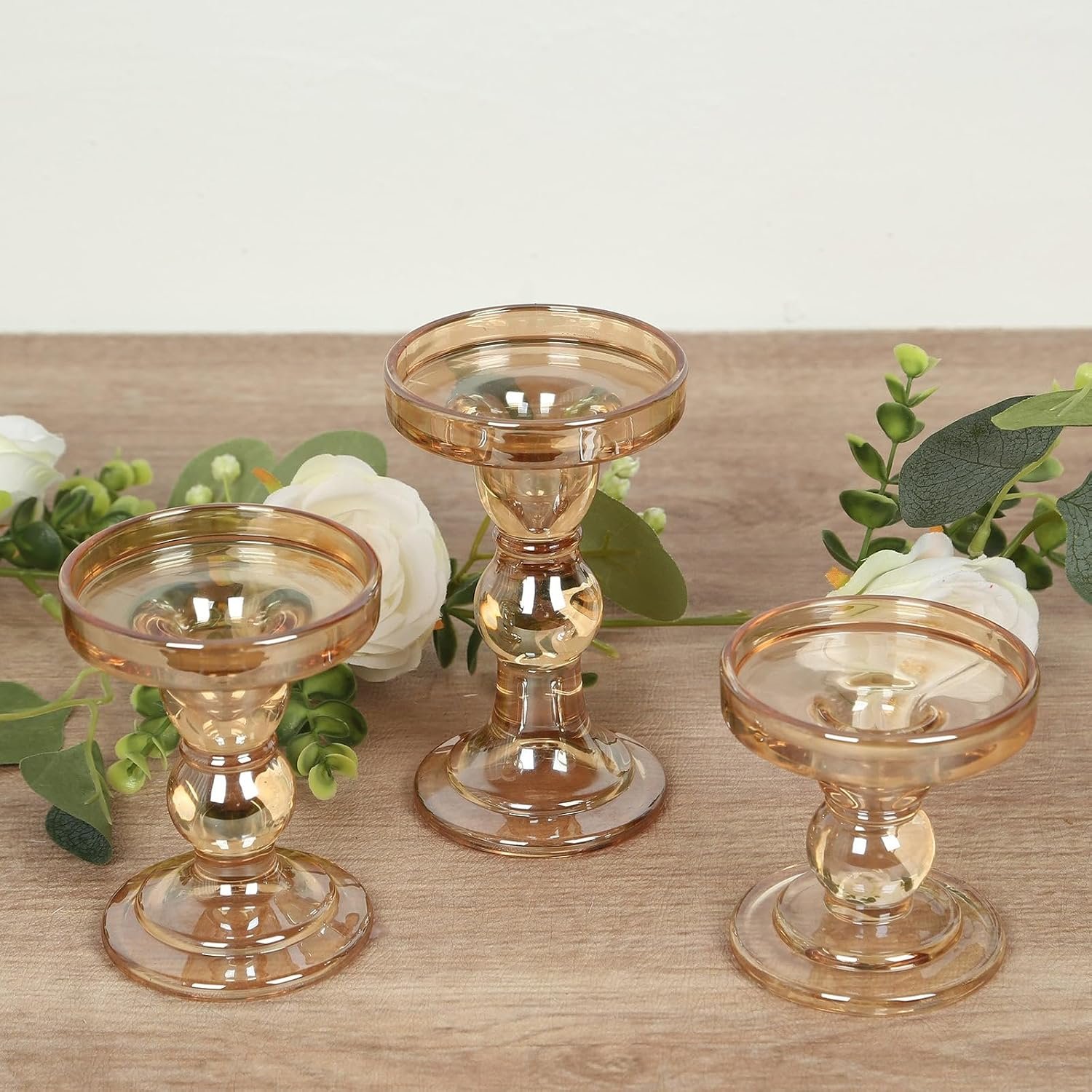 Set of 3 Amber Gold Premium Glass Pillar Candle Holders with Round Candle Tray, Crystal Ball Stem Taper Candlestick Stands Tea Light Holders with Stable Base - 3.5",4.5",5.5" - Image 2