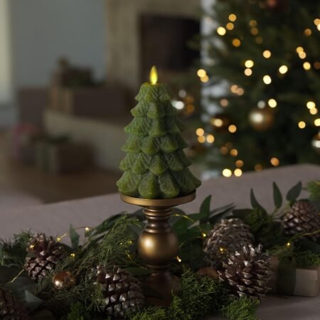 Flameless LED Candle - Christmas Tree Design with Glitter, Snow Finish, Battery-Operated, Flickering Flame, Timer & Remote - 4.7 x 6.5 - Green