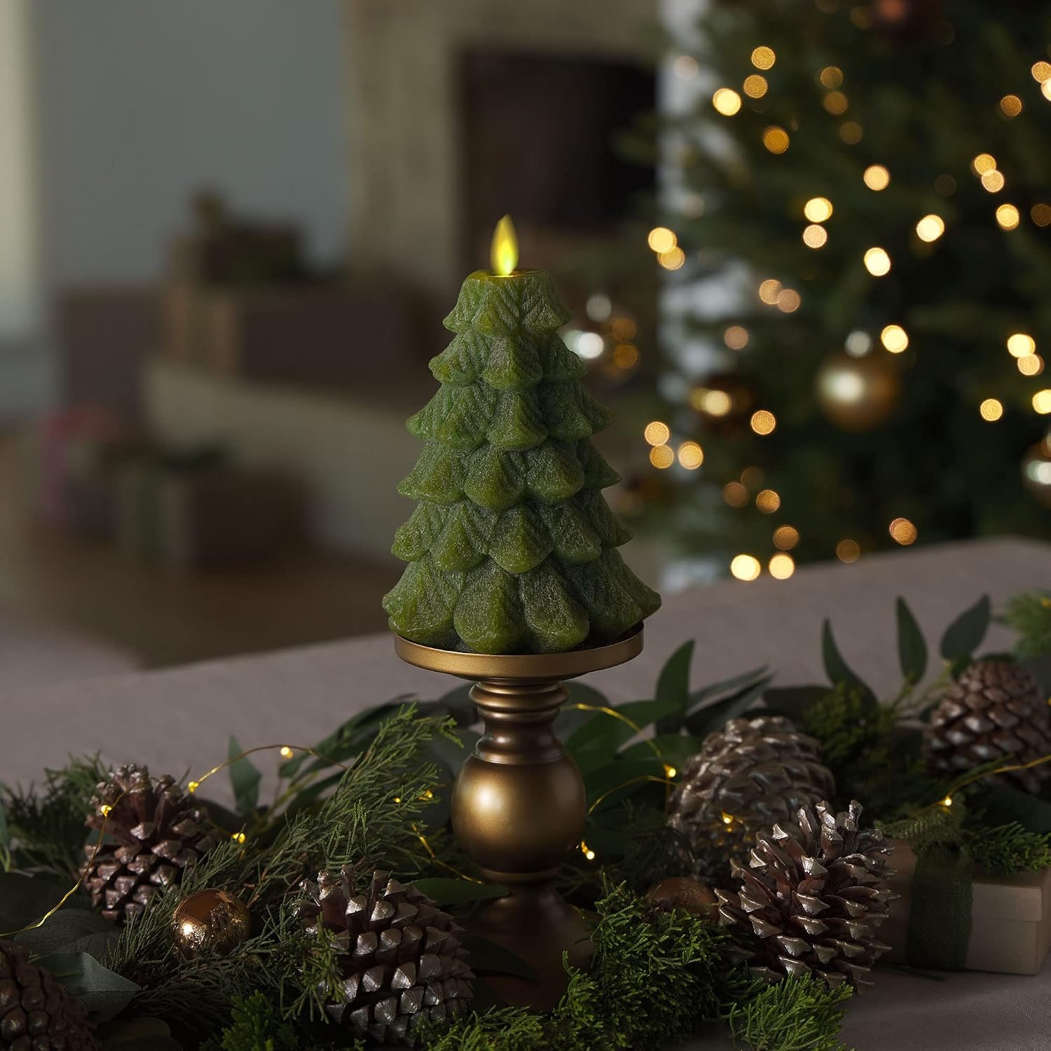 Flameless LED Candle - Christmas Tree Design with Glitter, Snow Finish, Battery-Operated, Flickering Flame, Timer & Remote - 4.7 x 6.5 - Green