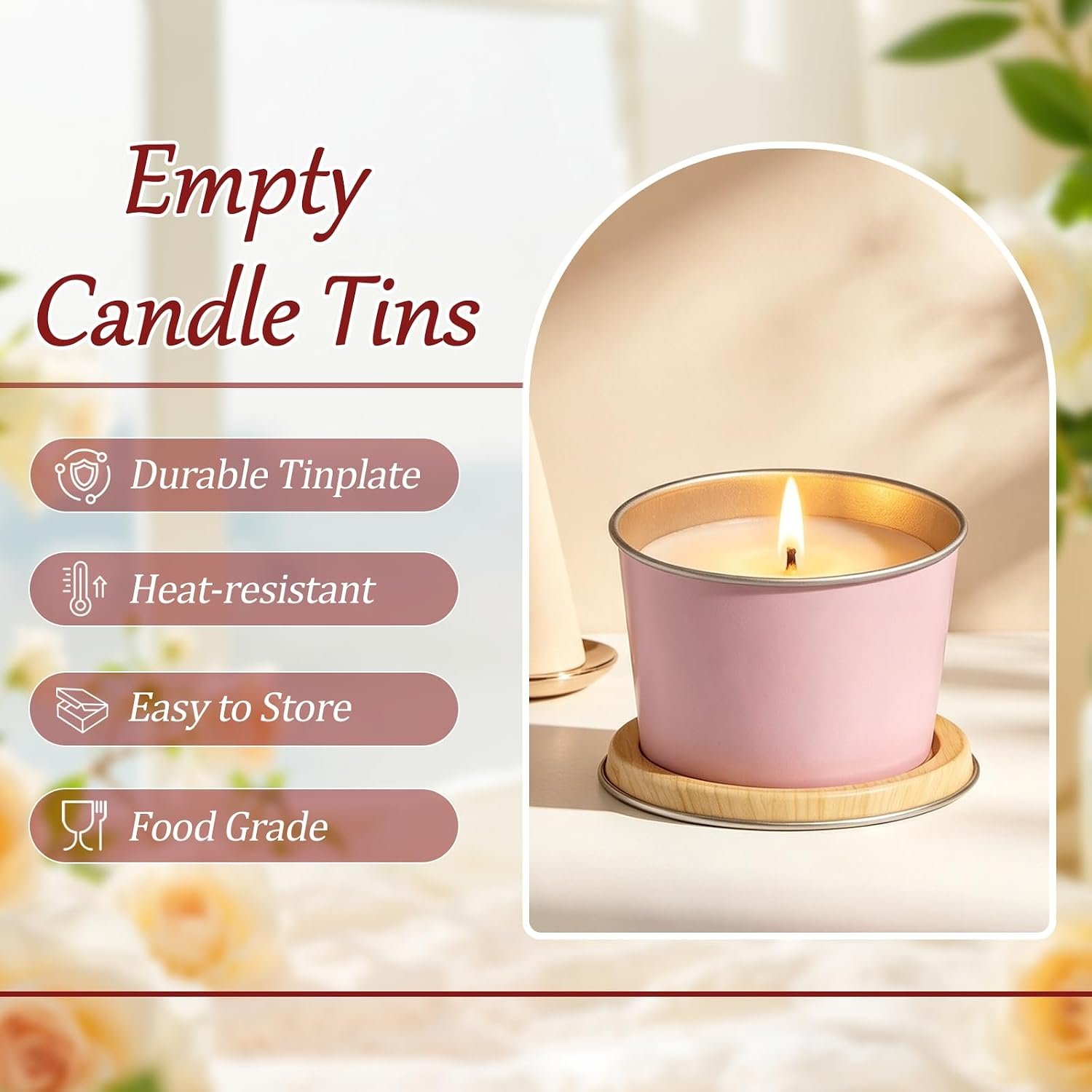 12 Pack Candle Tins, 2.5 OZ Pink Jars with Metal Wood-Grain Lids - Image 2