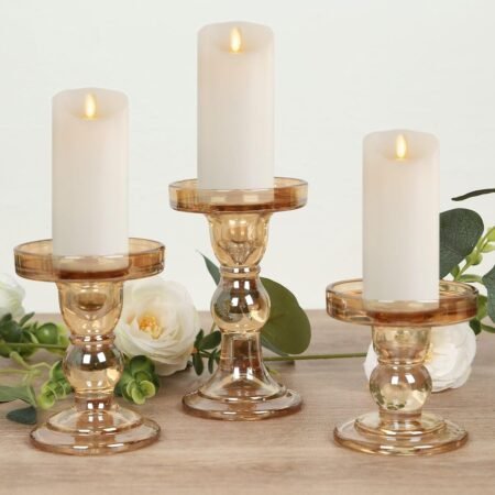Set of 3 Amber Gold Premium Glass Pillar Candle Holders with Round Candle Tray, Crystal Ball Stem Taper Candlestick Stands Tea Light Holders with Stable Base - 3.5",4.5",5.5"