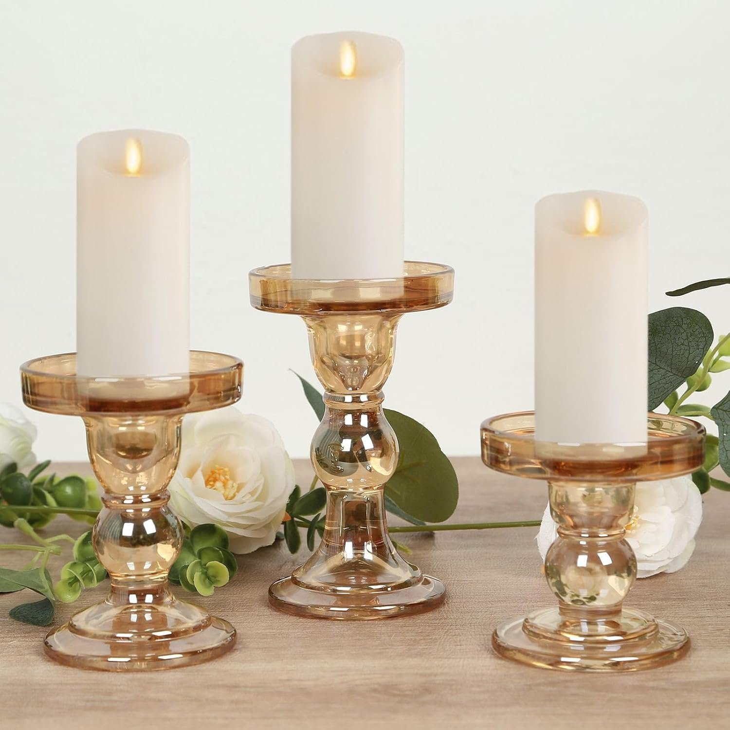 Set of 3 Amber Gold Premium Glass Pillar Candle Holders with Round Candle Tray, Crystal Ball Stem Taper Candlestick Stands Tea Light Holders with Stable Base - 3.5",4.5",5.5"