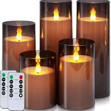 Gray Flickering Flameless Candles, Battery Operated Acrylic LED Pillar Candles with Remote Control and Timer, Halloween Decor, Set of 5