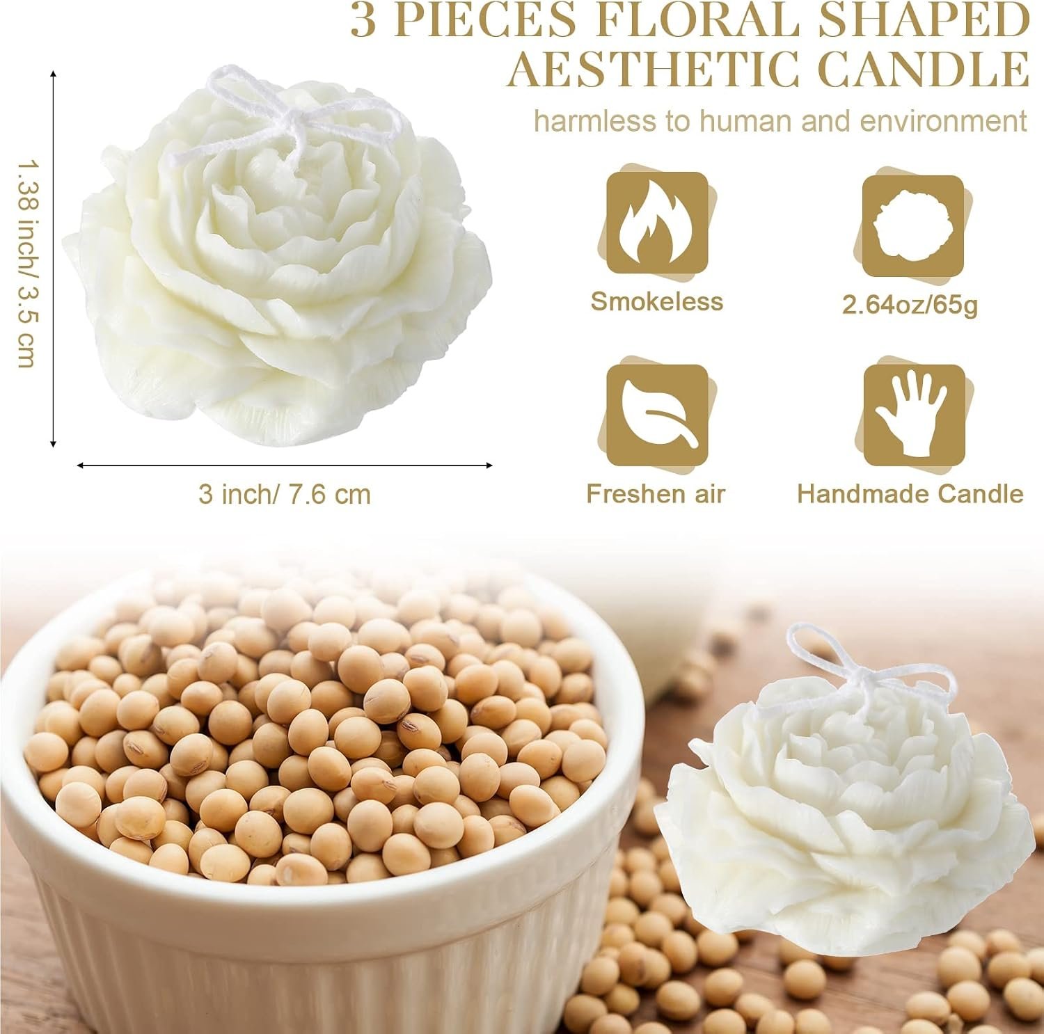 3 Pcs Rose Shaped Soy Wax Candles Decor, White, 3 in - Image 2