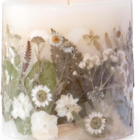 Pressed Real Flowers Handcrafted Botanical Floral Pillar Candle (Natural White)