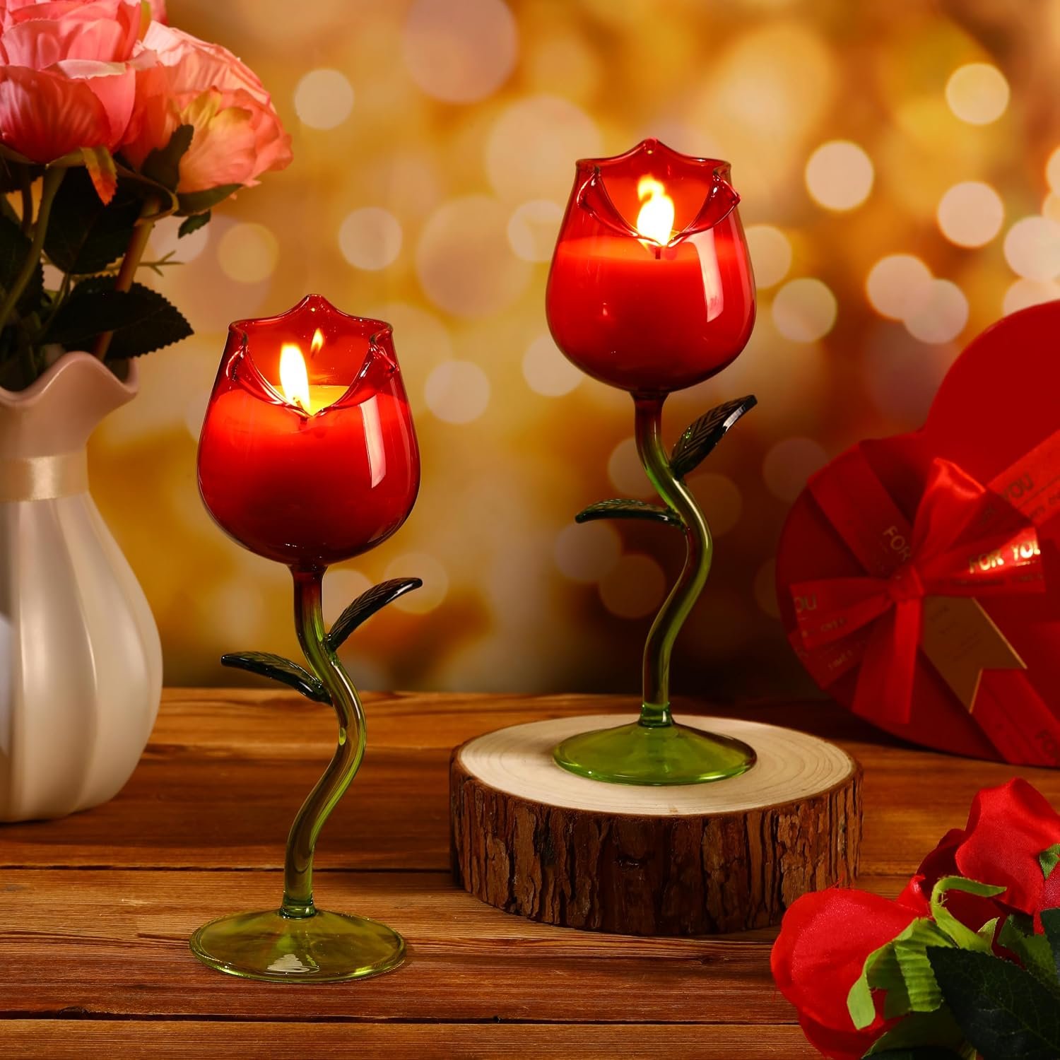 2 Pcs Rose Wine Scented Candles Glass,Red Rose,Green Color Leaf