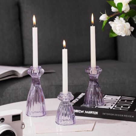 Glass Candlestick Holders, Taper Candle Holders Set of 3, Purple