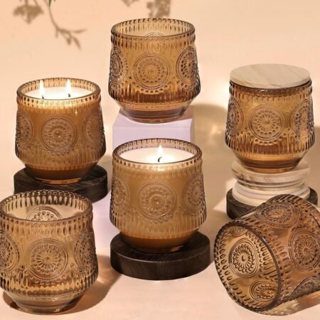 6 Pack Amber Candle Jars for Making Candles- Large 13.5oz Glass Jars with Wooden Lids and Labels, Empty Candle Jars, Candle Containers Vessels for Candle Making Supplies