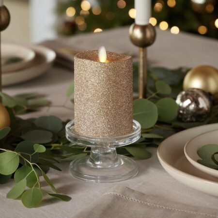 Realistic LED Moving Flame Pillar Candle, Gold Metallic Glitter, 3" x 4.5" Inch, Battery Operated w/Remote, Indoor Outdoor, Timer Function