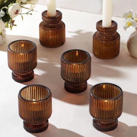 6 Pcs Amber Candlestick Holders - Glass Taper Candle Holders Tealight Votive Candle Holders for Table Centerpieces, Wedding, Dinner Party, Home, Gifts